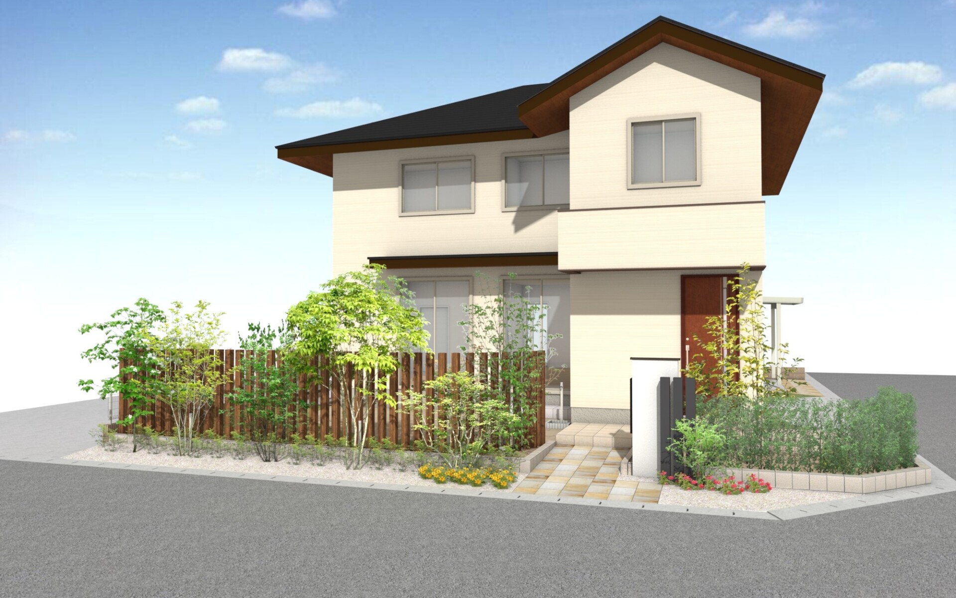 矢巾町のリビングガーデン施工例枕木と植栽のある住宅の庭